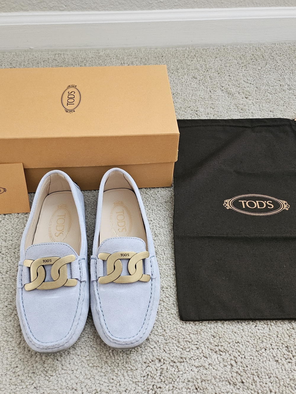 TOD'S Kids Light Blue Suede Loafers with Gold Accent